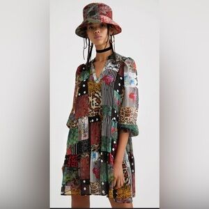 Desigual Short Dress Flounces Patchwork Chiffon Minidress Romantic Chic Grunge,S